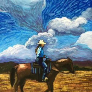 Cowgirl riding horse against big blue sky with clouds