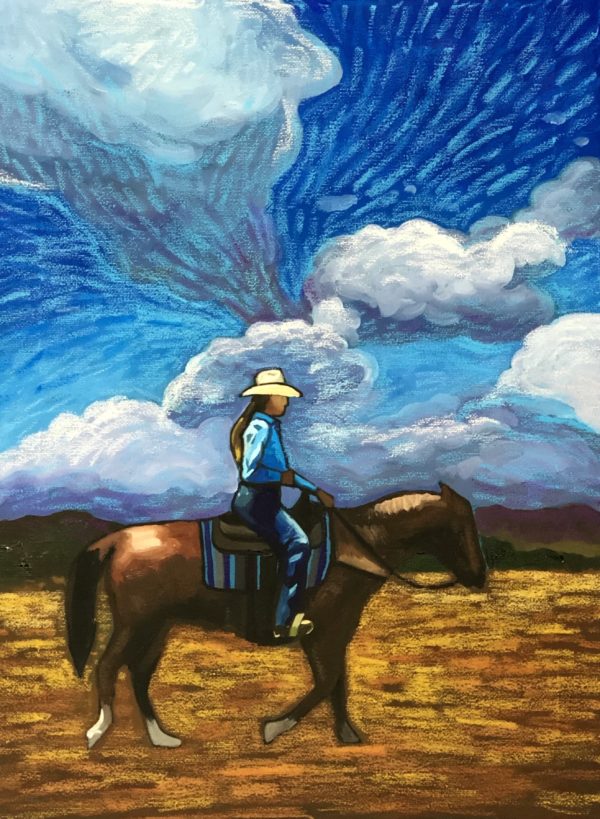 Cowgirl riding horse against big blue sky with clouds