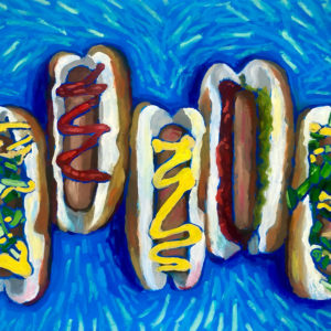 Five hot dogs with various toppings