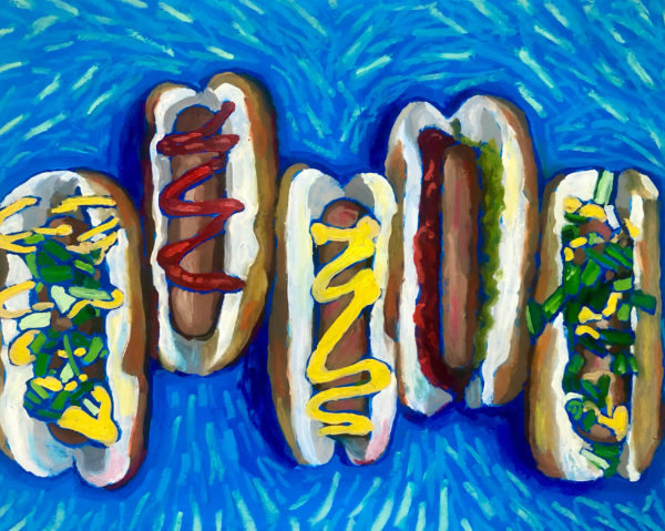 Five hot dogs with various toppings