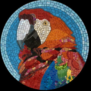A round mosaic of a macaw